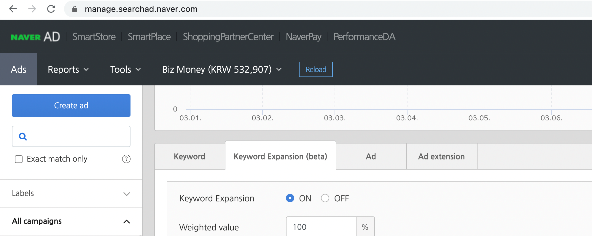 Keyword Matching Options in Naver search - Showing Keyword Expansion (beta)