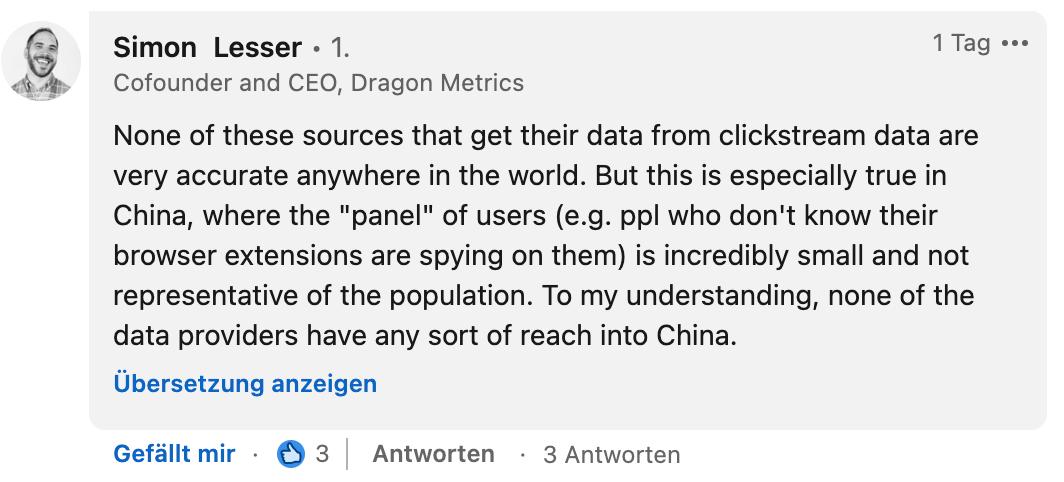 Simon Lesser resumes: To my understanding, none of the (search engine market share) data providers have any sort of reach in China